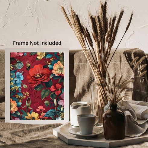 Posterizer 1 pcs-blue and blush flowers with red background-Floral & Botanical Art-Abstract & Modern Art-Decor for Home & Office- UNFRAMED Wall Ar...