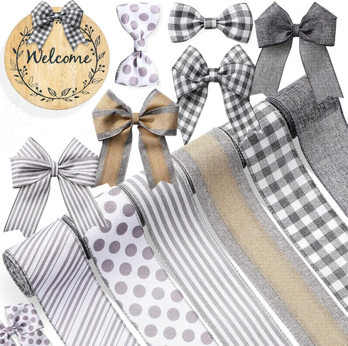 6 Rolls 30 Yards Farmhouse Wired Ribbon 2.5 inch Candy Cane Striped Polka Dot Buffalo Plaid Craft Ribbon for Wreaths Party Decorations(Gray)...