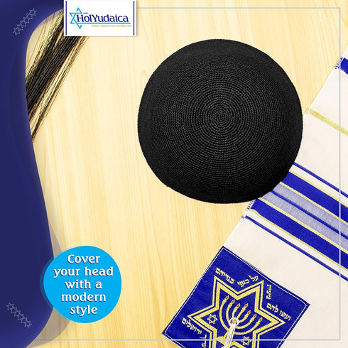 Hand Made 100% Cotton DMC Hand Knitted Kippah Hat from Israel, Hats for Men, Yarmulke Hat, Kippah for Men and Kids (Black, 19cm-7.5inch-Flat)...