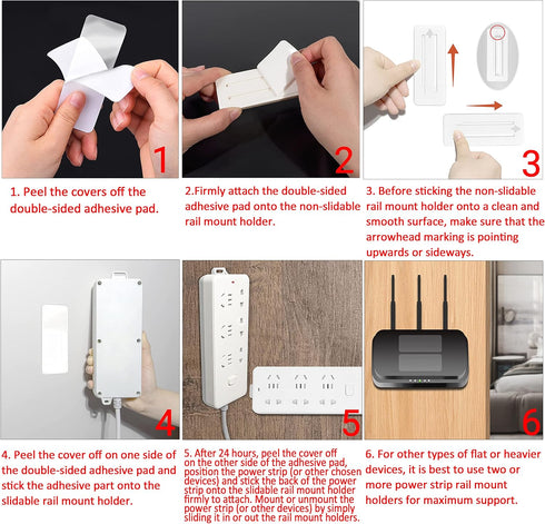Self Adhesive Power Strip Holder 4 Pack - No Drill Extension Block Wall Mount Fixator - Easy to Install Sliding Design - for Home, Kitchen, Office...