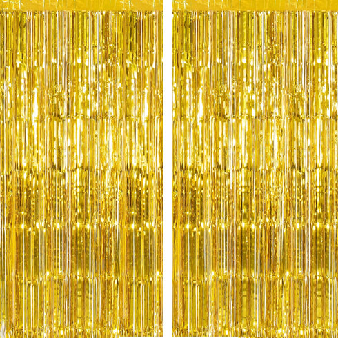 CHRORINE 2pcs 3ft x 8.3ft Gold Tinsel Foil Fringe Curtains Streamers Backdrop for Birthday Graduation Wedding Engagement Bridal Shower Bachelorett...