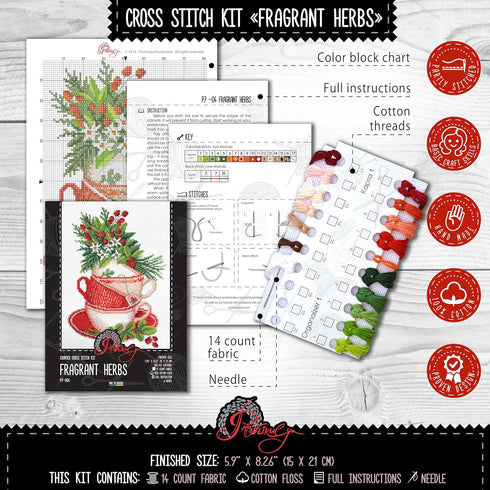 Povitrulya Fragrant Herbs - Counted Cross Stitch Kits for Adults with Victorian Tea Cups Design, DIY Embroidery Kitchen Christmas Set...