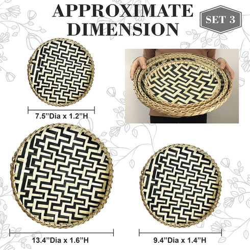 Bamboo Woven Wall Baskets Decor Boho Flat Set 3 Shallow Basket for Organizing Kitchen, for Coffee Table Trays Decorative Plates for Wall Hanging F...