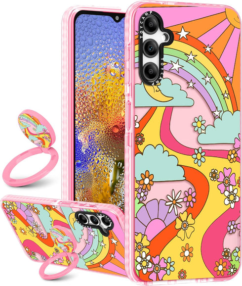 Toycamp for Galaxy A54 5g Phone Case with Ring Holder Cute Rainbow Sun Moon River Flowers Cartoon Graffiti Print Design Cover for Women Girls Teen...