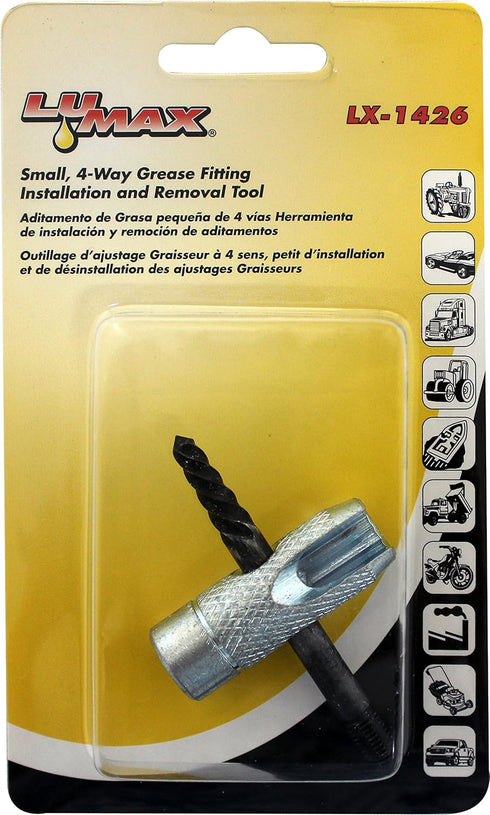 LUMAX LX-1426 Silver Small Four-Way Grease Fitting Tool. Small for ¼-28 Threads. All-in-One Tool to Install New Straight and Angle-Type Fittings....