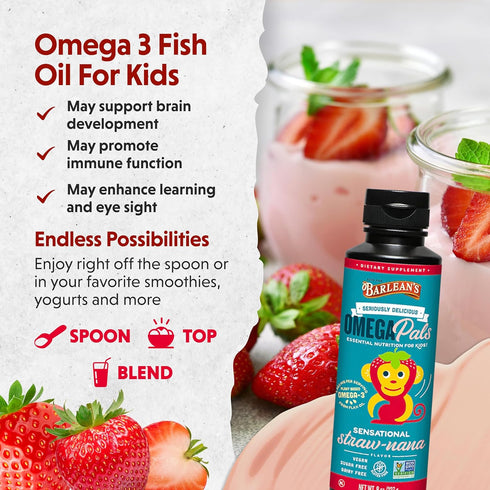Barlean's Omega Pals Omega 3 for Kids, Yummy Straw-Nana Flavored Children's Liquid Flax Seed Oil Supplement with 1,483 mg ALA, Non-GMO, Vegan Brai...
