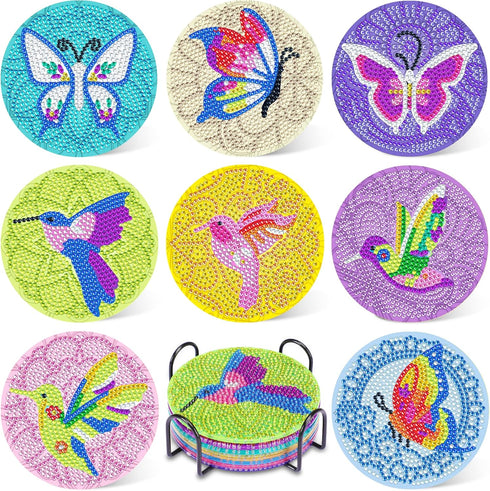 UPINS DIY Kit, Diamond Art Painting Coasters with Holder, 8 Pcs Hummingbird Butterfly Coaster Craft Supplies for Adults Kids Beginners...