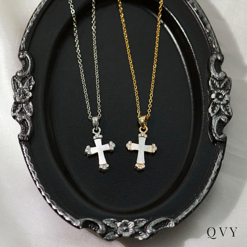 Cross Pendant Necklace for Women • Mother of Pearl White Cross • Onyx Stone Black Cross • 14K Real Gold Plated Stainless Steel Christian Jewelry G...