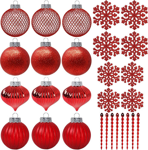 SLEETLY 28pk Red Ornaments for Christmas Tree Holiday Xmas Decorations, Shatterproof Plastic 3.15 Balls, Icicles and Snowflakes...