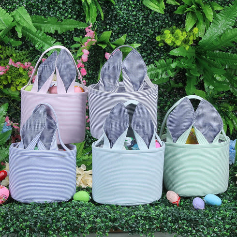Easter Bunny Basket Seersucker Egg Bags for Kids,Personalized Candy Egg Basket Rabbit Print Buckets with Fluffy Tail Gifts Bags for Easter?Seersuc...