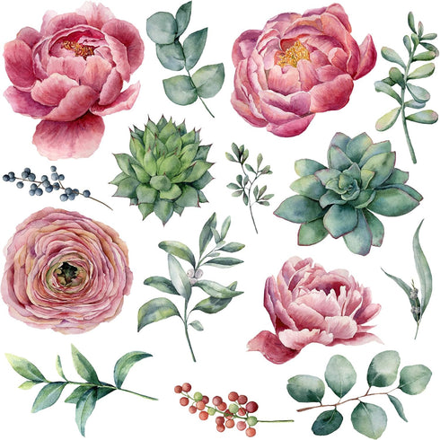 Amaonm Removable 3D Beautiful Pink Red Peony Flowers with Green Plants Leaf Wall Decal Wall Stickers DIY Peel and Stick Art Decor for Kids Girls B...