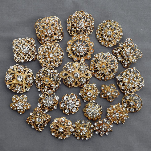 24 pcs Gold Rhinestone Brooch Crystal Brooch Wedding Invitation Cake Decoration Brooch Bouquet Kit Wholesale AMBR680...