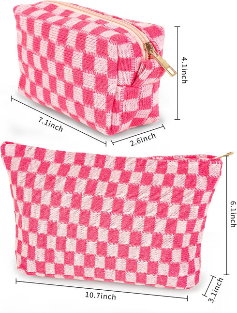 2-Pack Makeup Bag For Women - Large Checkered Knitted Cosmetic Bags&Small Makeup Pouch Aesthetic Design Travel Toiletry Bag Skincare Bag Car Stora...