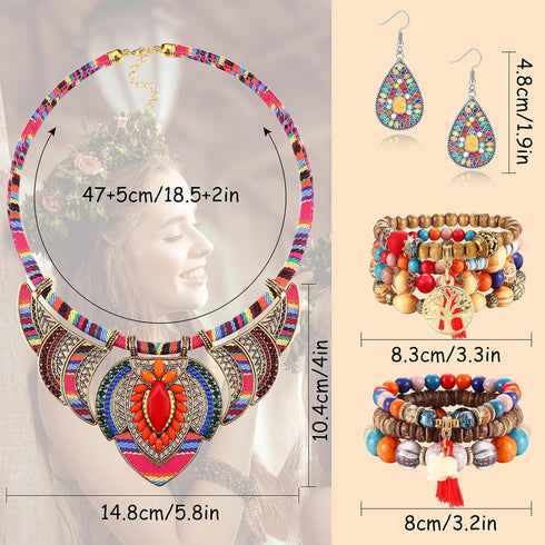 JeryWe 4 Pcs Bohemian Jewelry Set for Women Ethnic Style Costume Necklace Multilayer Boho Stretch Beaded Bracelet Vintage Boho Dangle Earrings, Cu...