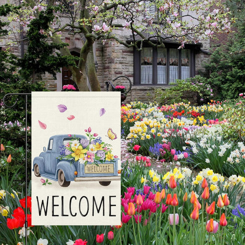 Welcome Spring Garden Flag 12x18 Double Sided Vertical Burlap Retro Truck Floral Garden Flags Summer Butterfly Yard Flags for Seasonal Outside Out...