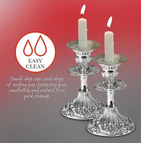 Ner Mitzvah Reusable Metal Candlestick Liners and Drip Guards - Safety Pin Holds Candles in Place - Nickel Plated Protector Bobeches - Silver - 2 ...