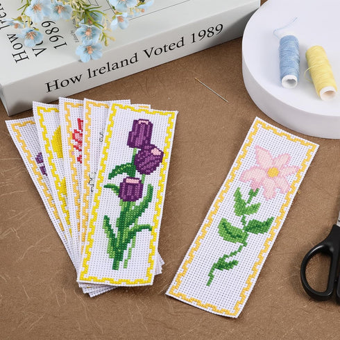 FREEBLOSS 6 Set Cross Stitch Bookmark Kit Cross Stitching Bookmark Vivid Flowers Designed Stamped Embroidery Bookmark with Instruction Cross Stitc...