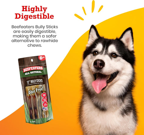 Beefeaters Dog Treats - 12in Bully Sticks, 6ct | All-Natural, Highly Digestible | Dog Food Promotes Dental Health | No Additives or Preservatives ...