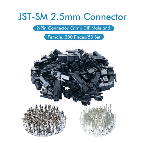 JST SM 2.5 mm Pitch 2-Pin JST Connector IC Male Plugs, Female Sockets Housing and Male/Female T-Shaped Crimp Terminal Connector. 50 Sets/300 Piece...