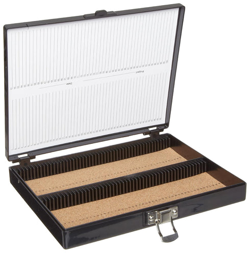 Heathrow Scientific 100 Place Microscope Slide Box, Cork Lining, Nickel-Plated Clasp, Black...