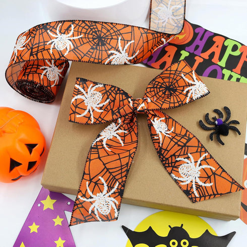 3 Rolls 15 Yards Halloween Ribbon Wired Edge Ribbons 2.5 inchSpider Web Skull Pumpkin Ribbons ?Purple Orange Black Burlap Ribbon ?for Wreath Home ...