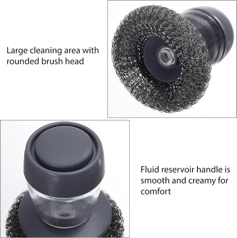 Dish Brush with soap Dispenser,with 2 Velvet Dish Brushes, Steel Wool Scrubber for Cleaning Dishes, pots, Pans, Grills, Sinks, Replaceable Brush H...