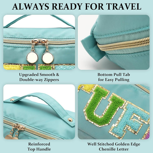 Stoney Clover Preppy Makeup Bag, Large Capacity Travel Cosmetic Bag, Chenille Letter Open Flat Nylon Bag, Mint...