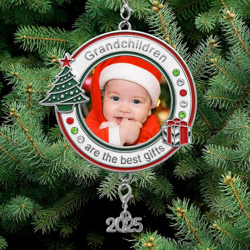 Grandchildren Photo Christmas Ornament - Dated 2025 Charm - Red White and Green Enameled and Jeweled Accents - Grandkids Picture Xmas Ornaments fo...