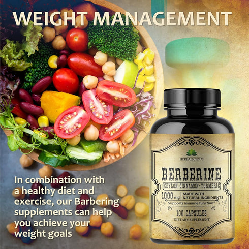 Berberine Capsules Ceylon Cinnamon & Turmeric - Berberine HCL Dietary Supplement for Men and Women – Non GMO Berberine 1000mg – Ideal for Immune S...