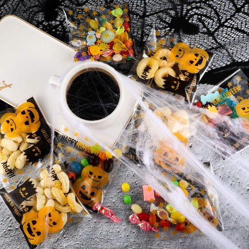 Boao 100 Pieces Halloween Treat Bags Clear Self Adhesive Candy Bags Bulk Pumpkin Cellophane Plastic Cookie Pouch for Party Favors Gifts Halloween ...