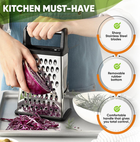 Spring Chef Professional Cheese Grater - Stainless Steel, XL Size, 4 Sides - Perfect Box Grater for Parmesan Cheese, Vegetables, Ginger - Dishwash...