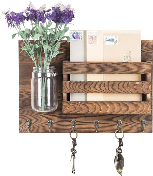 MyGift Wall-Mounted Burnt Wood Mail Holder Organizer with 6 Key Hooks & Mason Jar...