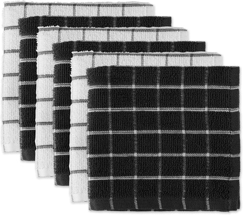 DII Basic Terry Collection Windowpane Dishcloth Set, 12x12, Black, 6 Piece...