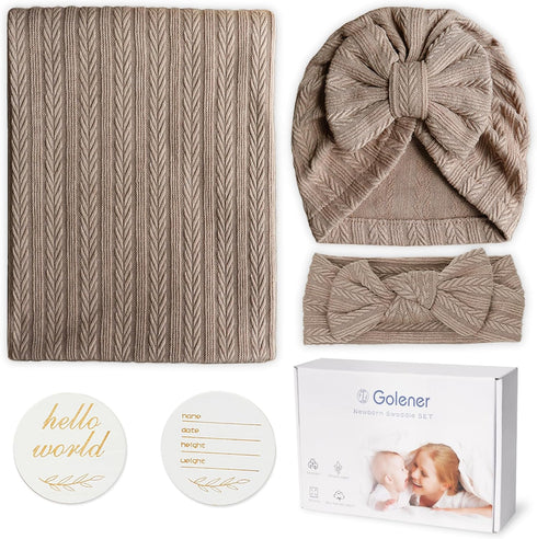 Golener Baby Swaddle Blankets for Boys&Girls, Newborn Swaddle Set with Matching Hat and Headband Bow with Wooden Birth Announcement Card, Simulate...