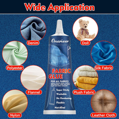 2x60ml Fabric Glue, Fabric Glue Permanent Clear Washable for Patches Drying Waterproof Fabric Adhesive Glue for All Fabrics, Clothes, Cotton, Flan...