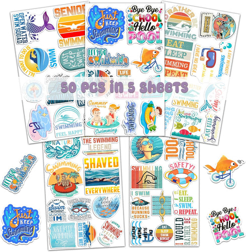50 PCS Swimming Stickers Swim Decal Vinyl Waterproof Aesthetic for Laptop Water Bottles Luggage Computer Phone Case Skateboard Car Perfect Gifts f...