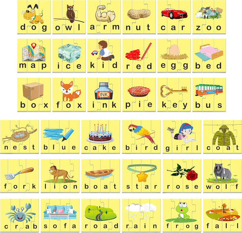 72 Word Spelling Puzzles with Error-Correction Mechanism in 3 and 4 Pieces, Perfect for Preschool Learning (36 Blocks Double Sided)...