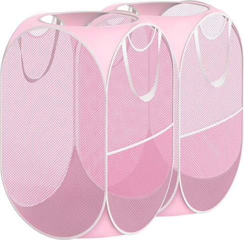 Simple Houseware Mesh Pop-Up Laundry Hamper Basket With Side Pocket, Pink - 2 Pack...
