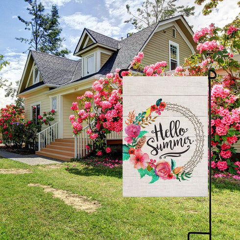 Hello Summer Garden Flag Vertical Double Sided 12.5 x 18 Inch Floral Wreath Burlap Yard Outdoor Decor...