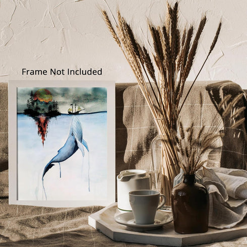 Posterizer 1 pcs-Sea Island Landscape Mountain and a Whale-Landscape & Nature Art-Abstract & Modern Art-Gift For Animal Lovers-Living Room Bedroom...