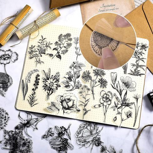 Geolet 300 Pieces Flower Plant Retro Transparent Flower Sticker Decal DIY Natural Scrapbooking Stickers for Laptop Ca Diary Album Journal Planners...