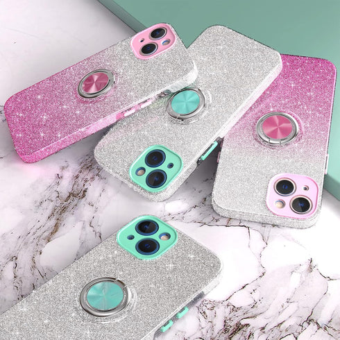 for iPhone 13 Case,Slim Glitter Sparkly Case with 360°Ring Holder Kickstand Magnetic Car Mount Shock-Absorbent Protective Sturdy Cover for iPhone ...