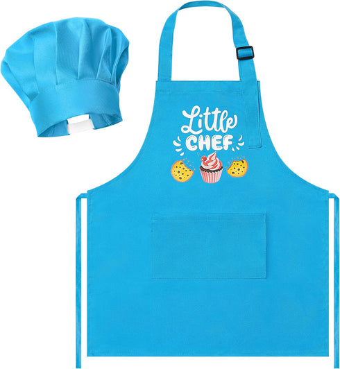 R HORSE 2 Pcs Kid Apron and Chef Hat Set, Adjustable Children Blue Kitchen Apron Cooking Baking Painting and Training Kits Dress up Role Play Chef...