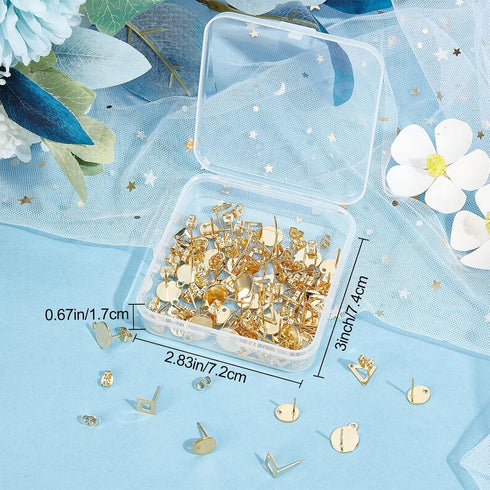 Beebeecraft 1 Box 80Pcs 4 Style 24K Gold Plated Stud Earring Findings Stainless Steel Triangle Oval Rhombus Flat Round Stud Earring Posts with Loo...