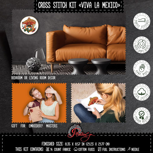 Povitrulya Counted Cross Stitch Kit for Adults “Viva la Mexico” - Day of The Dead, Día de los Muertos, Halloween, Mexican, Latino Hand Embroidery ...