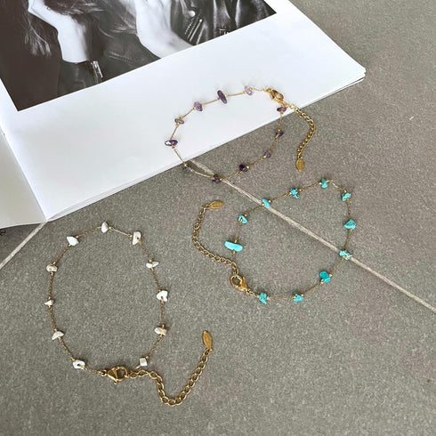 4Pcs Natural Gemstone Stainless Steel Anklets for Women Waterproof Gold Anklets for Women 14k Real Gold Anklet for Teen Girls Adjustable 8.3 "+2 '...