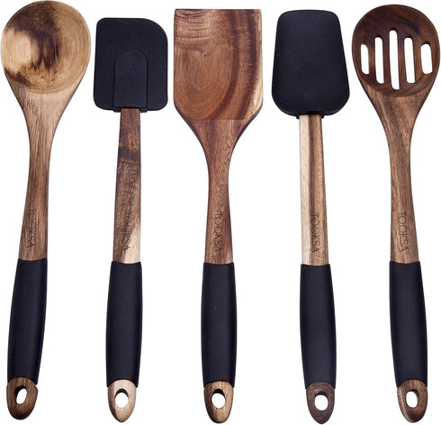 TOOKSA- Premium 5 Piece Acacia Multi-Toned Light and Dark Wooden Spoon, Turner and Spatula Utensil Set with Silicone, Rubber, Non-Slip Handles (Bl...