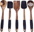 TOOKSA- Premium 5 Piece Acacia Multi-Toned Light and Dark Wooden Spoon, Turner and Spatula Utensil Set with Silicone, Rubber, Non-Slip Handles (Bl...