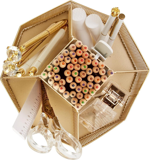 Annova Mesh Desk Organizer Rotate with 5 Compartments Spinning Tidy Candy/Pen Holder Office, Art Supply, Storage, Classroom, Home (Gold)...