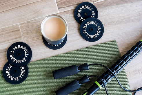 Barbell Bumper Plate Drink Coasters Set of 6, Round Black Silicone Coasters for Coffee Table, Absorbent Coaster for Drinks, Fitness Gym Gifts for ...
